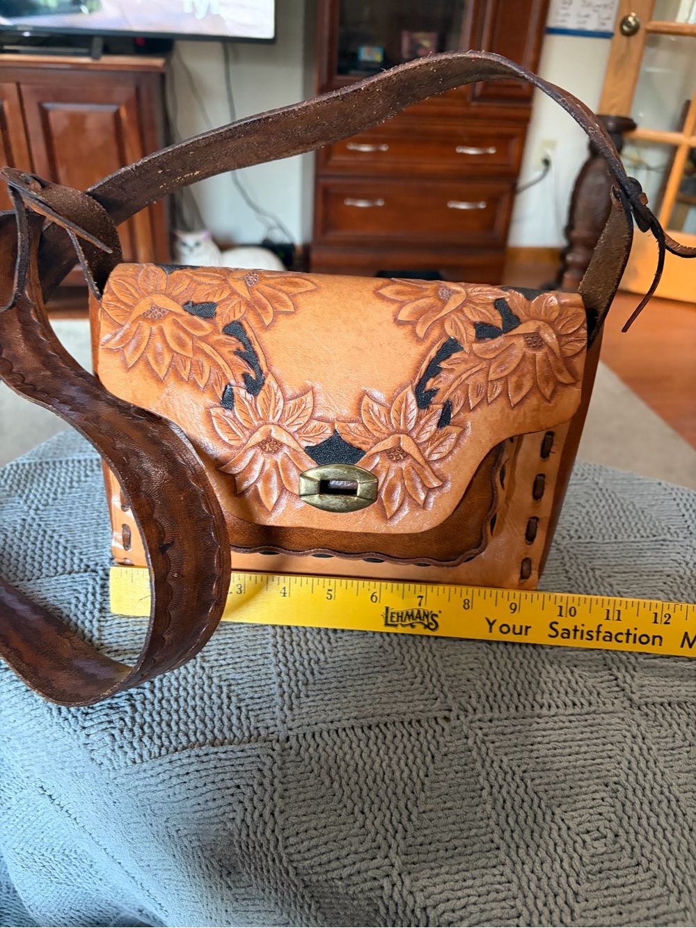 Handcrafted Tooled Leather Floral Crossbody Bag - Tan
